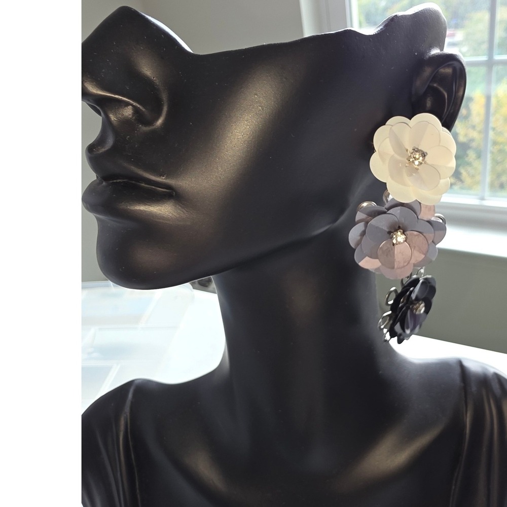 Tiered Sequin Flower Drop Earrings Rhinestone Black Silver White Statement Cute